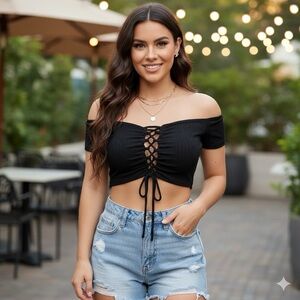 Iris Black Ruched Tie Front Crop Top